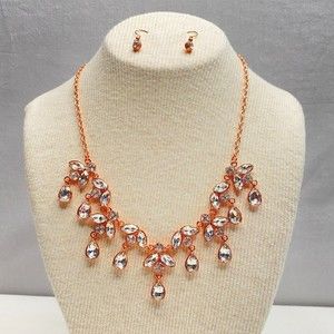 Necklace and Earrings Jewelry Set Clear Marquise And Round Stone Bib